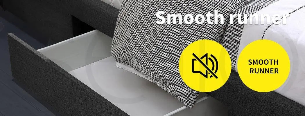 Levede queen bed frame in dark grey fabric with storage drawers, showcasing elegant design and sturdy construction.