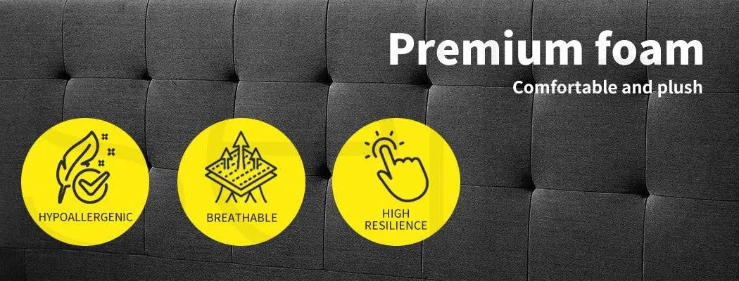 Levede queen bed frame in dark grey fabric with storage drawers, showcasing elegant design and sturdy construction.