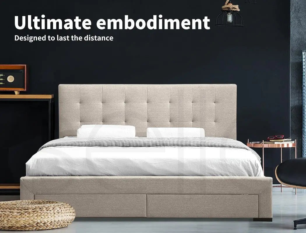 Levede queen bed frame in dark grey fabric with storage drawers, showcasing elegant design and sturdy construction.