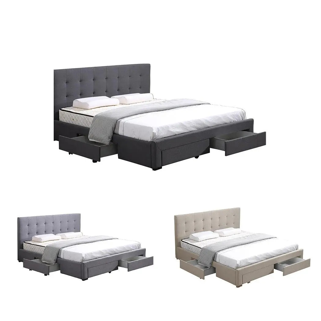 Levede queen bed frame in dark grey fabric with storage drawers, showcasing elegant design and sturdy construction.