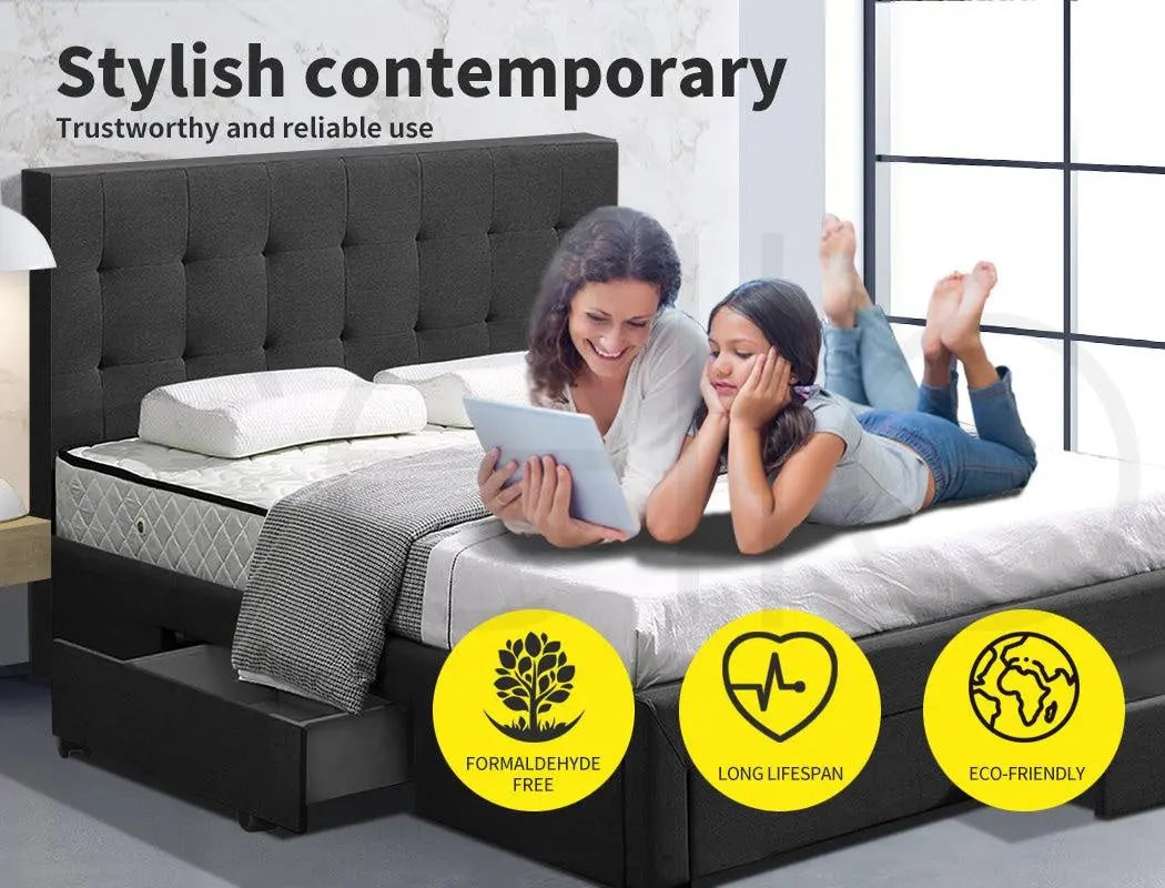 Levede queen bed frame in dark grey fabric with storage drawers, showcasing elegant design and sturdy construction.