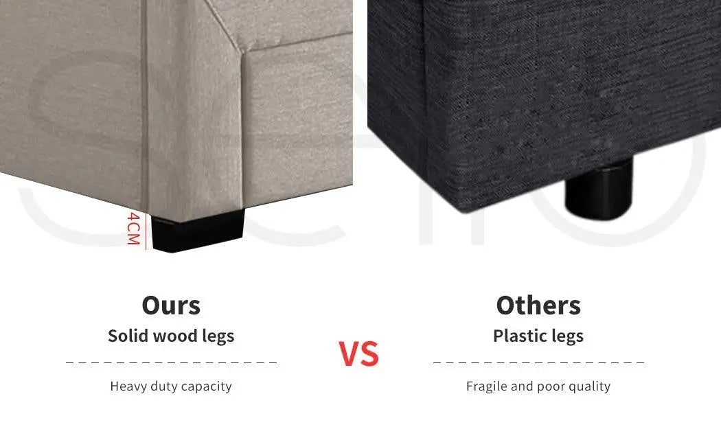 Levede queen bed frame in dark grey fabric with storage drawers, showcasing elegant design and sturdy construction.