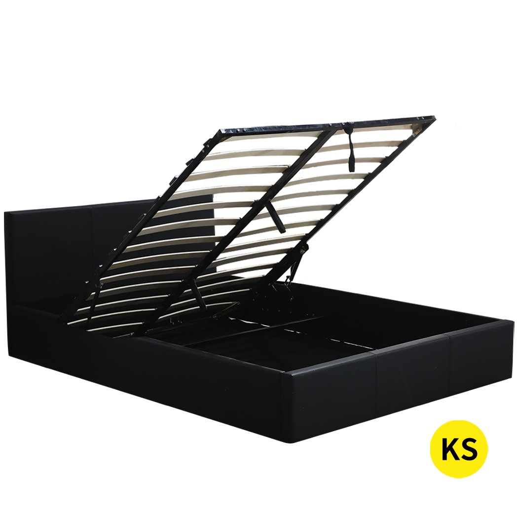 Levede Gas Lift Bed Frame in black PU leather with a spacious storage compartment underneath, showcasing its elegant design and sturdy construction.