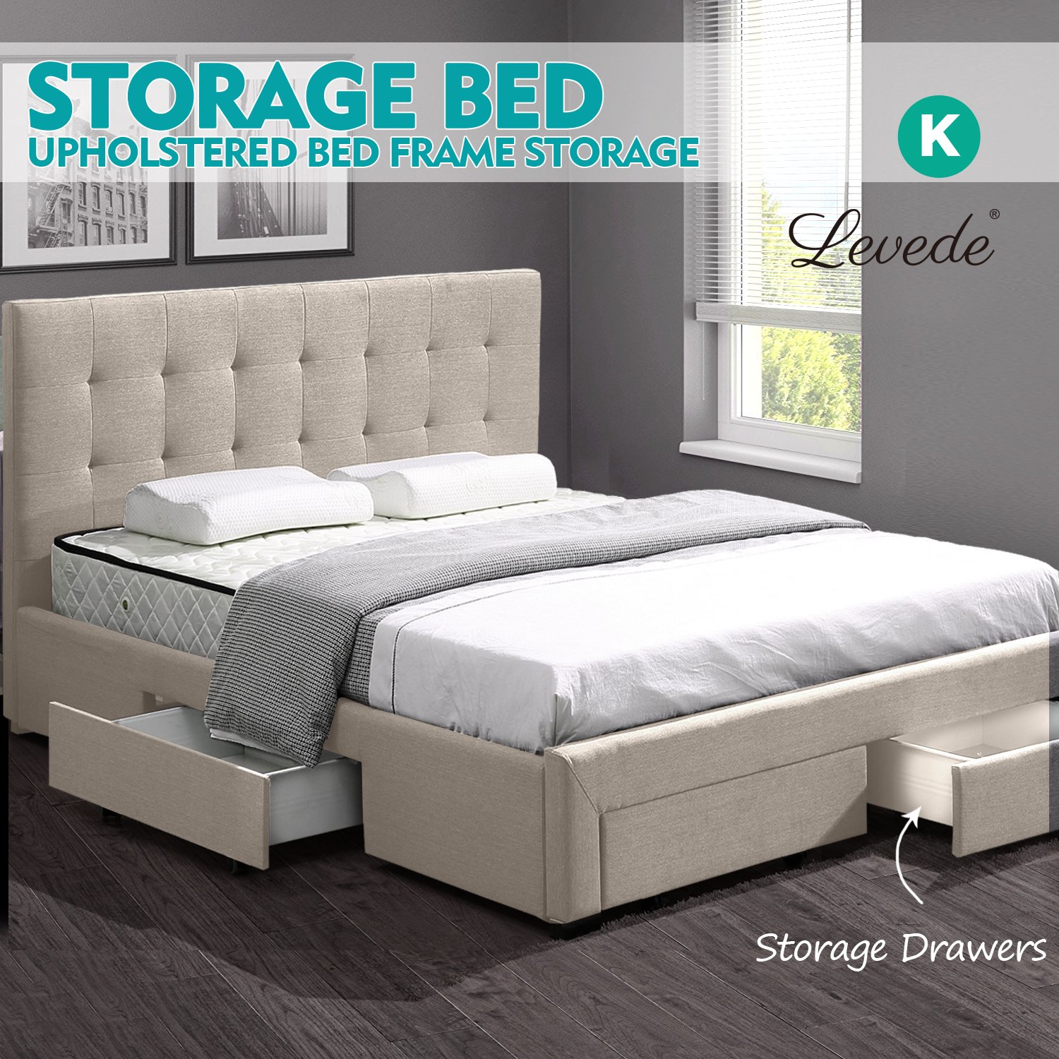 Levede King Fabric Bed Frame in Beige with storage drawers, showcasing elegant upholstery and sturdy design.