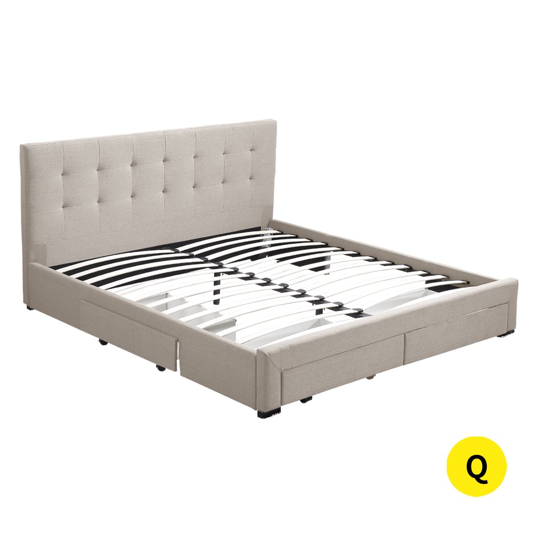 Levede Queen Bed Frame in beige fabric with storage drawers, showcasing elegant upholstery and sturdy wooden construction.