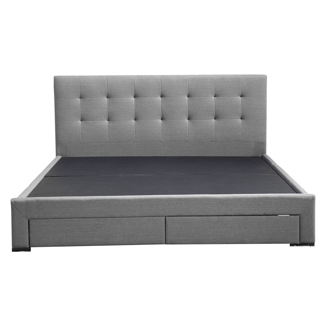 Levede Queen Bed Frame in grey fabric with storage drawers, showcasing elegant design and sturdy construction.