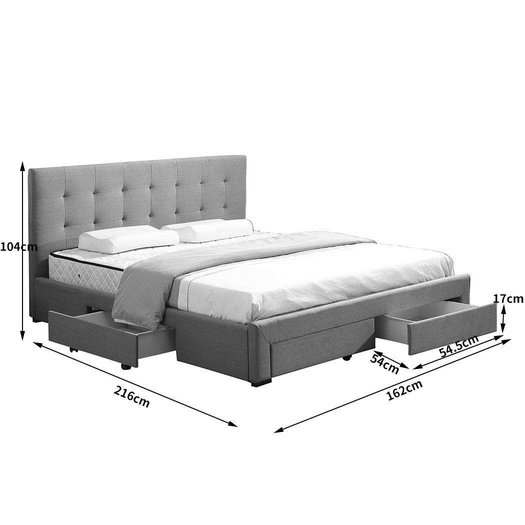 Levede Queen Bed Frame in grey fabric with storage drawers, showcasing elegant design and sturdy construction.