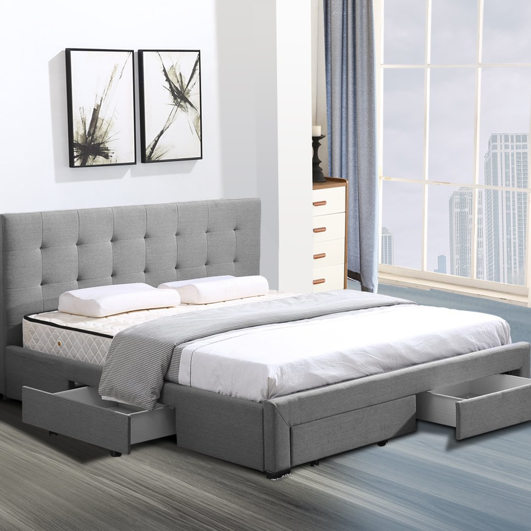 Levede Queen Bed Frame in grey fabric with storage drawers, showcasing elegant design and sturdy construction.