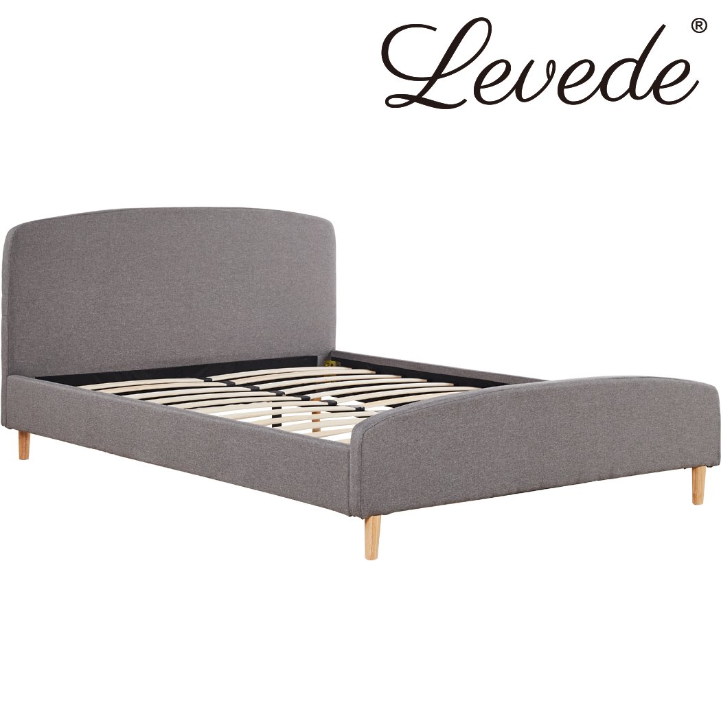 Levede Queen Size Bed Frame with Linen Fabric Upholstery and Padded Headboard, showcasing a stylish charcoal color and sturdy wooden slats.