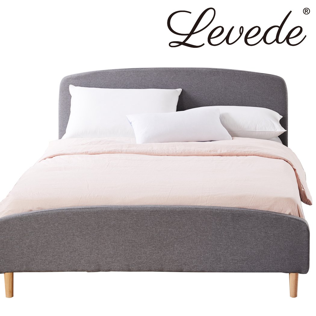 Levede Queen Size Bed Frame with Linen Fabric Upholstery and Padded Headboard, showcasing a stylish charcoal color and sturdy wooden slats.
