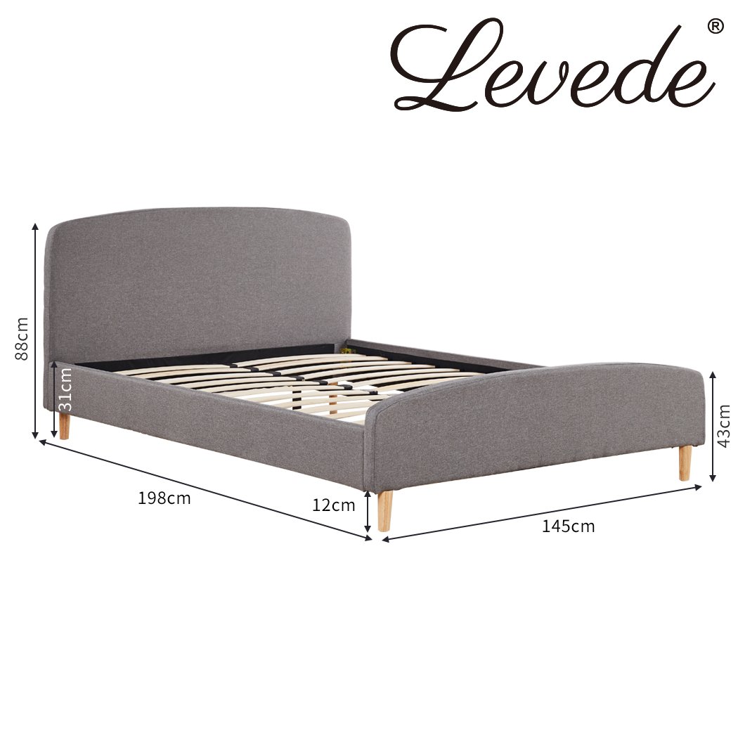 Levede Queen Size Bed Frame with Linen Fabric Upholstery and Padded Headboard, showcasing a stylish charcoal color and sturdy wooden slats.