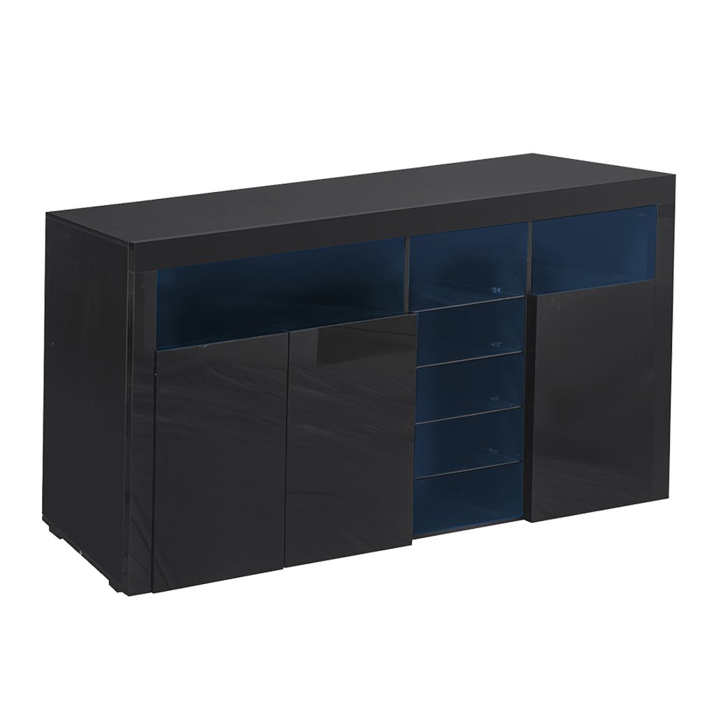 Levede Buffet Sideboard Cabinet in high gloss black finish with LED lighting, showcasing modern design and ample storage space.