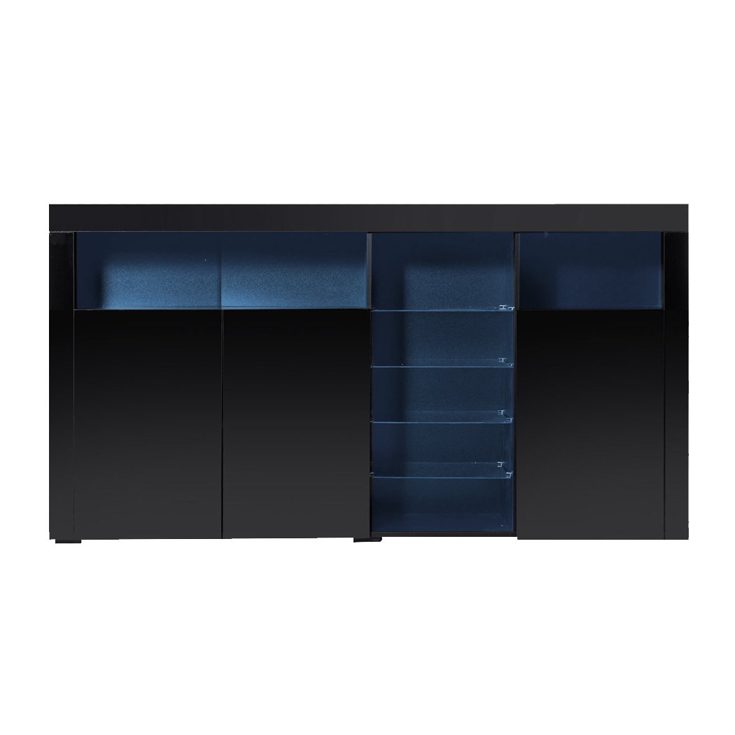 Levede Buffet Sideboard Cabinet in high gloss black finish with LED lighting, showcasing modern design and ample storage space.