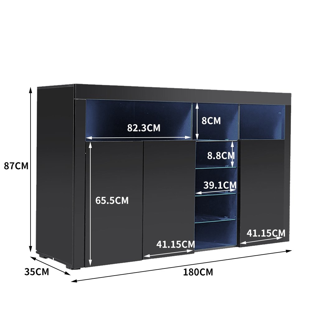 Levede Buffet Sideboard Cabinet in high gloss black finish with LED lighting, showcasing modern design and ample storage space.