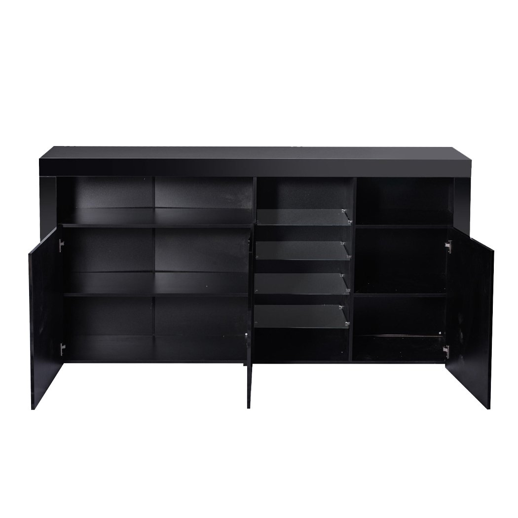 Levede Buffet Sideboard Cabinet in high gloss black finish with LED lighting, showcasing modern design and ample storage space.