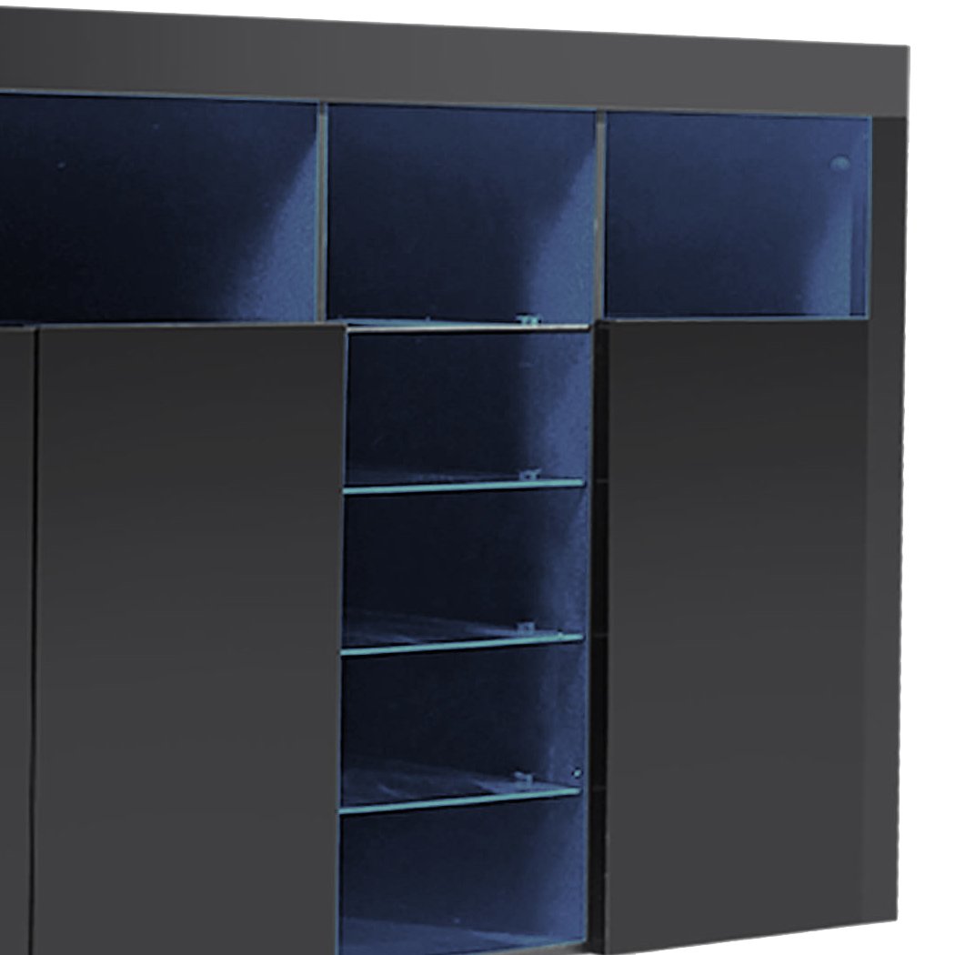 Levede Buffet Sideboard Cabinet in high gloss black finish with LED lighting, showcasing modern design and ample storage space.