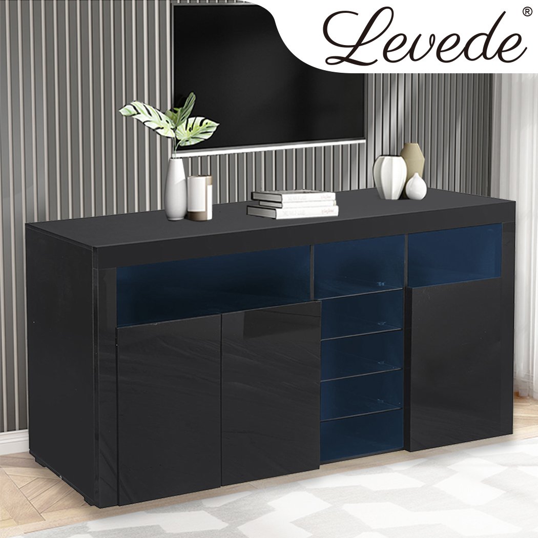 Levede Buffet Sideboard Cabinet in high gloss black finish with LED lighting, showcasing modern design and ample storage space.