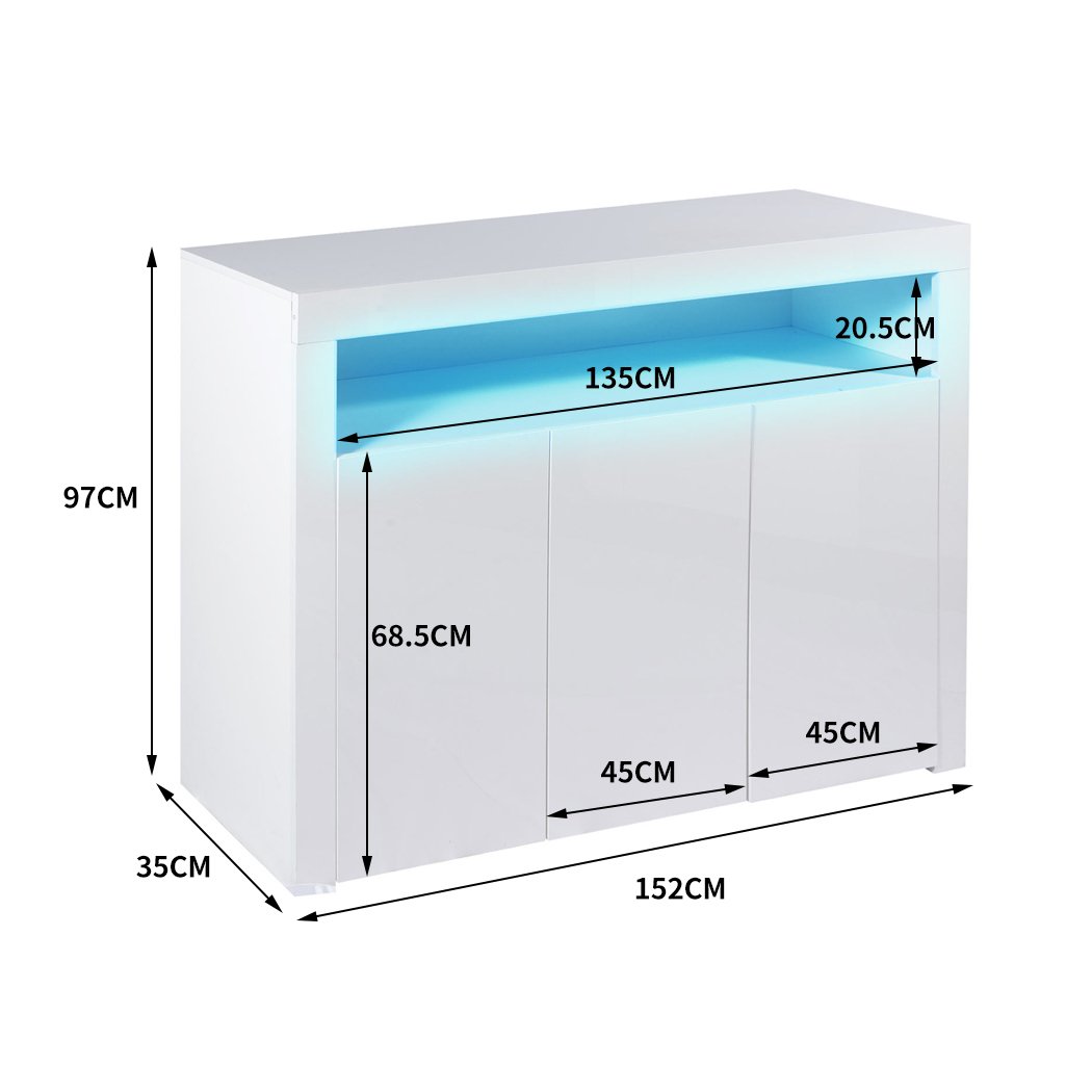 Levede Buffet Sideboard Cabinet in high gloss white finish with LED lights, showcasing modern design and ample storage space.