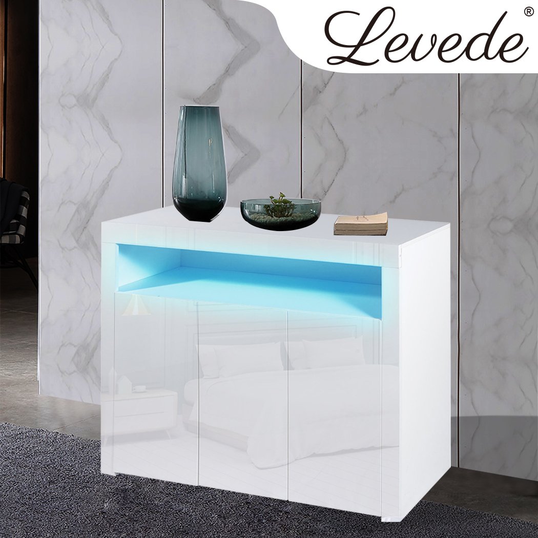 Levede Buffet Sideboard Cabinet in high gloss white finish with LED lights, showcasing modern design and ample storage space.