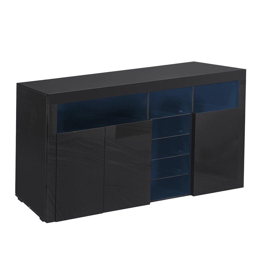 Levede Buffet Sideboard in high gloss black finish with LED lights, showcasing modern design and ample storage space.