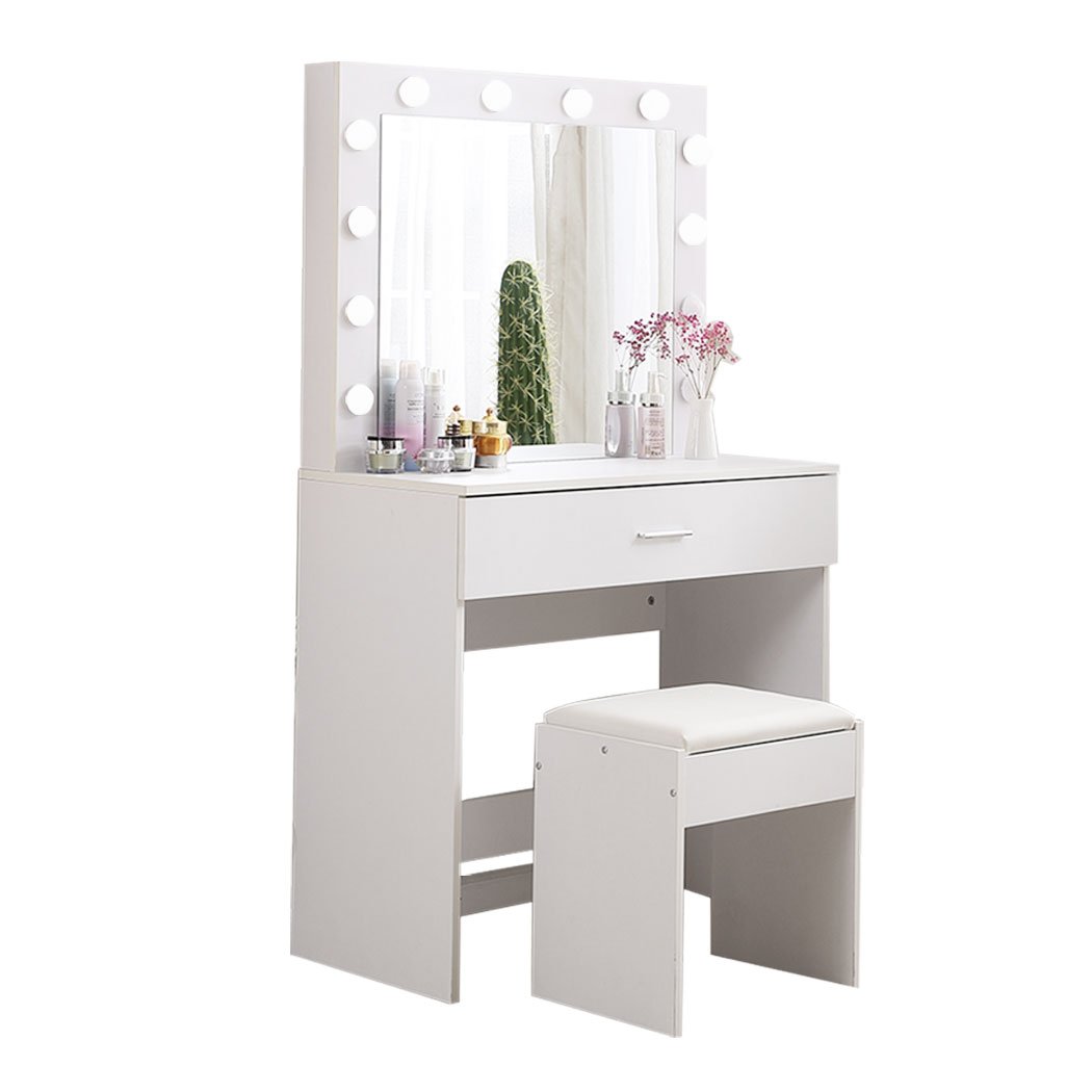 Levede Dressing Table tool set featuring an LED makeup mirror, jewelry organizer, and comfortable PU leather stool in a stylish white finish.