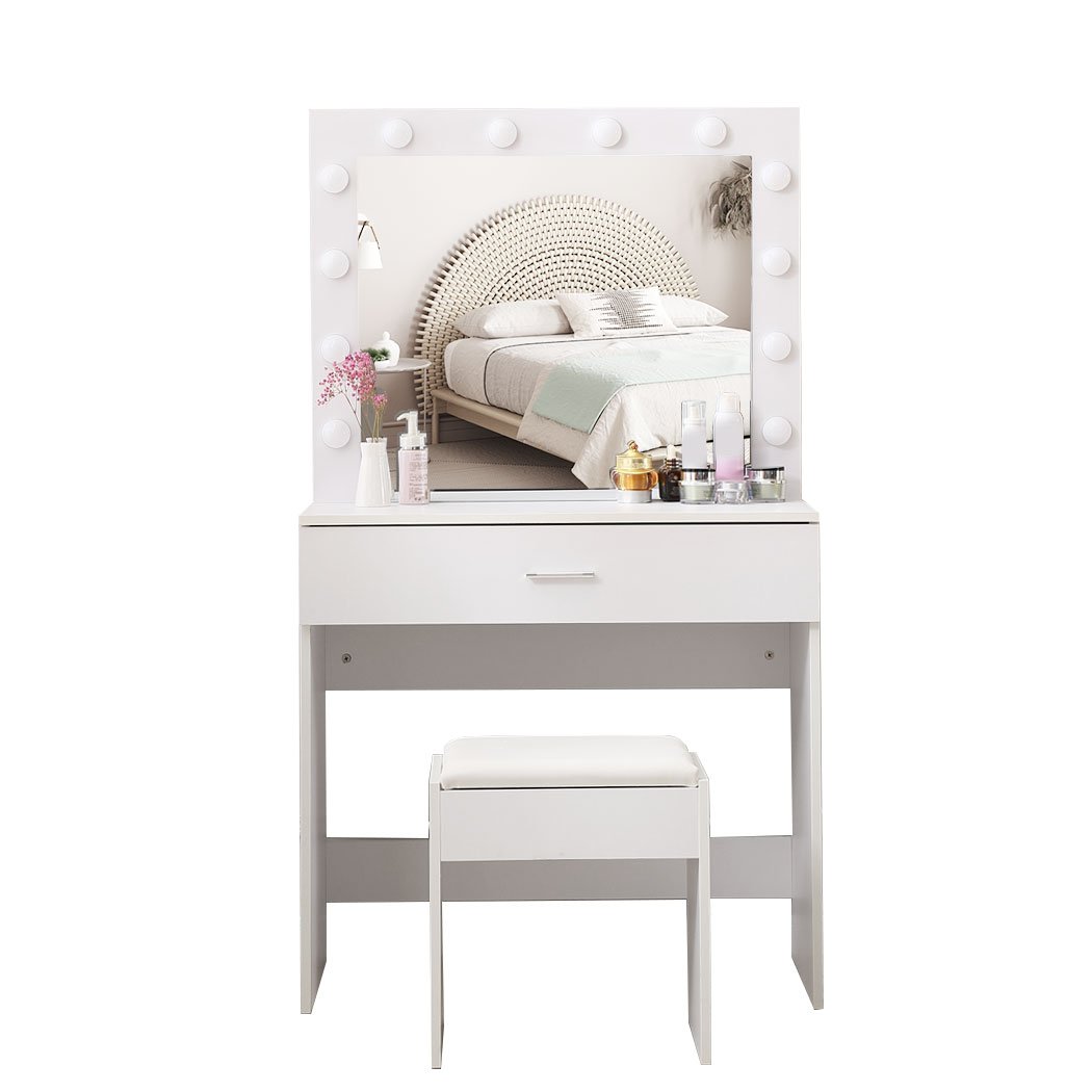 Levede Dressing Table tool set featuring an LED makeup mirror, jewelry organizer, and comfortable PU leather stool in a stylish white finish.