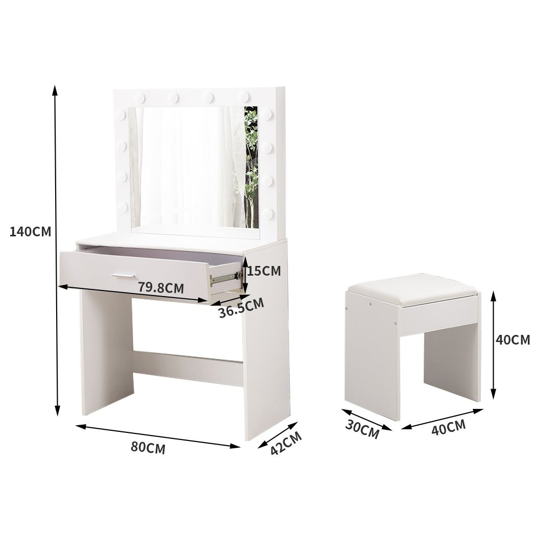 Levede Dressing Table tool set featuring an LED makeup mirror, jewelry organizer, and comfortable PU leather stool in a stylish white finish.