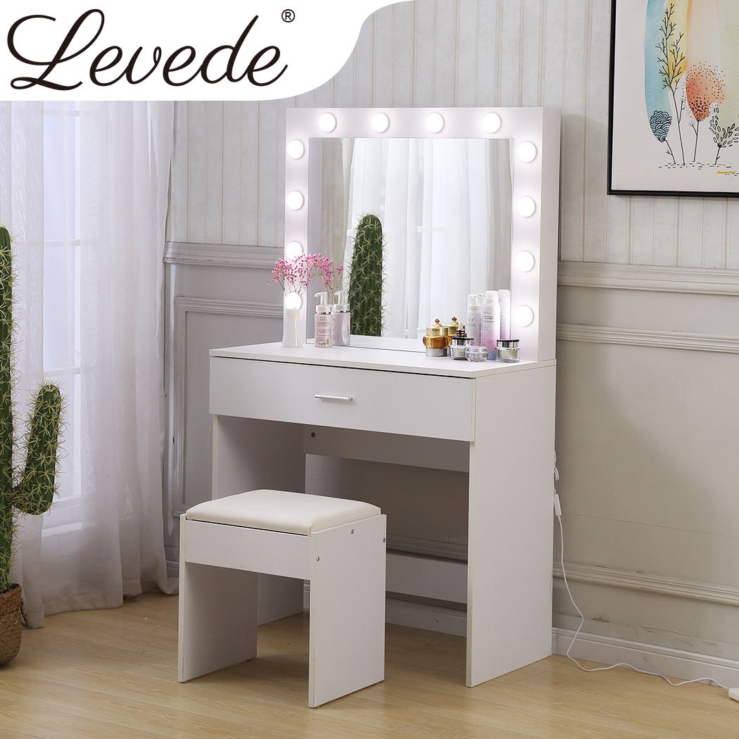 Levede Dressing Table tool set featuring an LED makeup mirror, jewelry organizer, and comfortable PU leather stool in a stylish white finish.