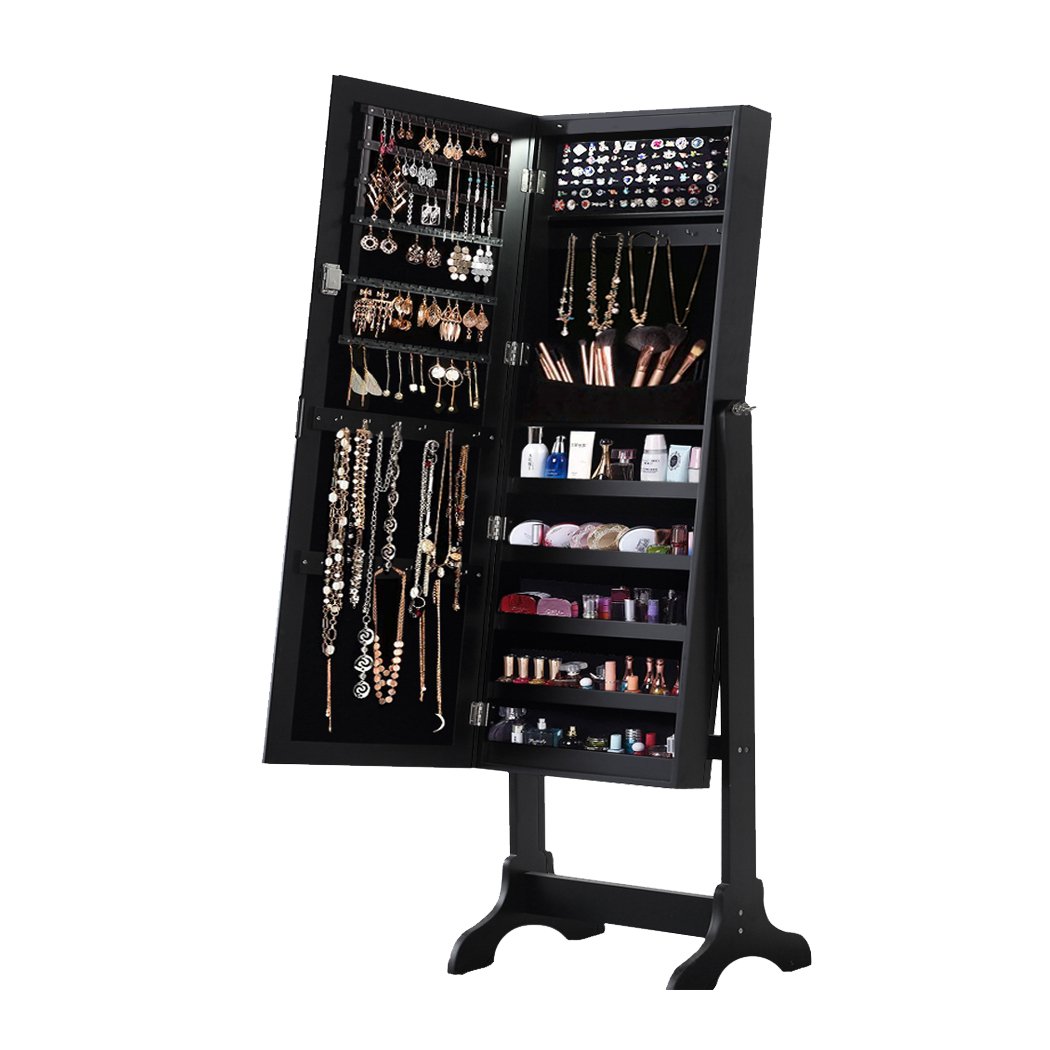 Levede Dual Use Mirrored Jewellery Dressing Cabinet in sleek black, featuring a full-length mirror and ample storage for jewellery.