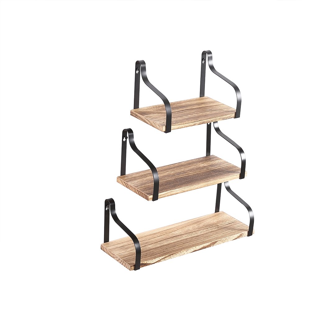 Levede Floating Shelf Brackets showcasing three wooden shelves mounted on a wall, displaying decorative items and plants.