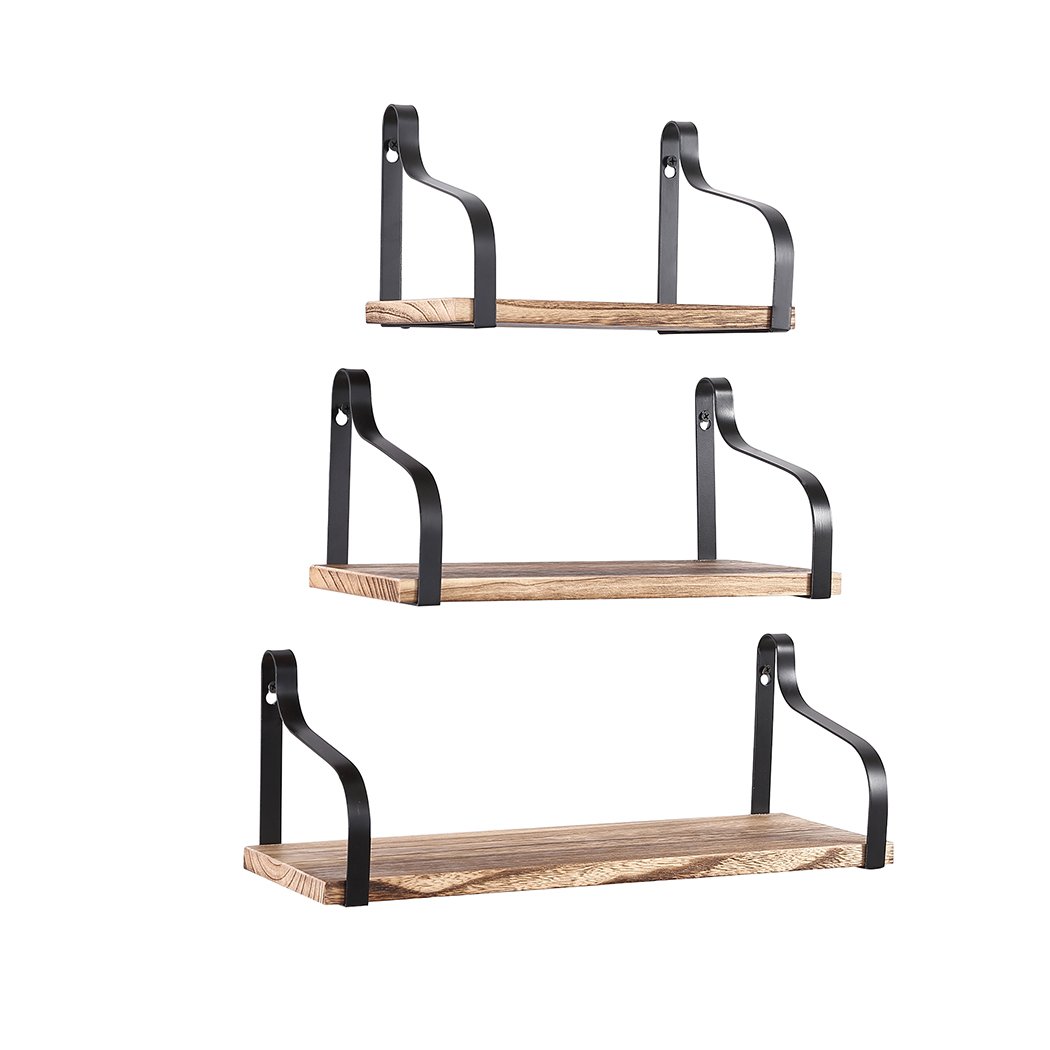 Levede Floating Shelf Brackets showcasing three wooden shelves mounted on a wall, displaying decorative items and plants.