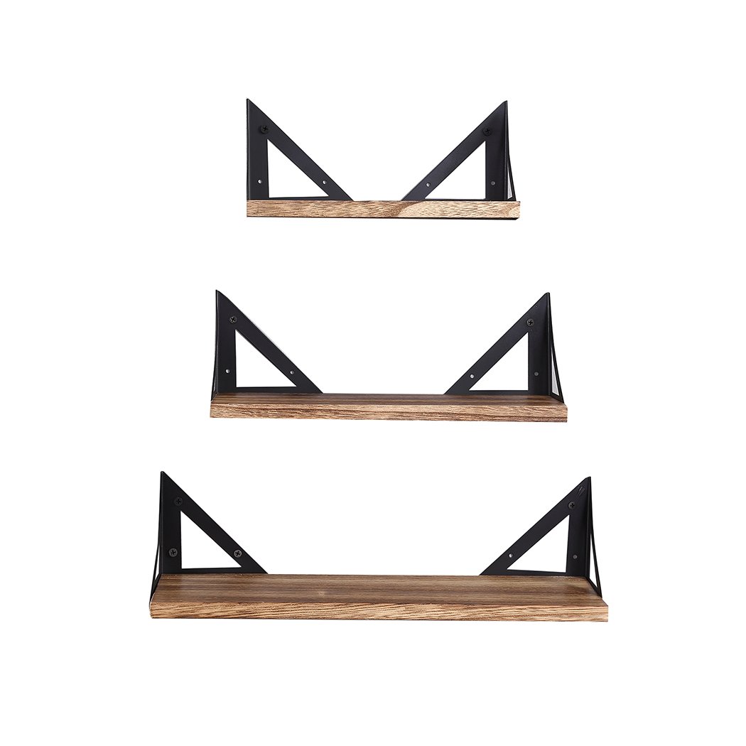 Levede Floating Shelf Brackets showcasing three wooden shelves mounted on a wall, featuring a rustic and industrial design.