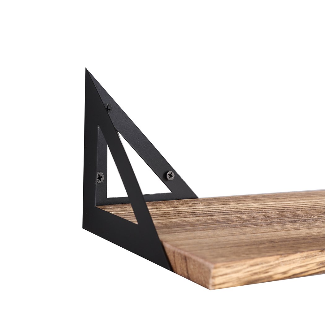 Levede Floating Shelf Brackets showcasing three wooden shelves mounted on a wall, featuring a rustic and industrial design.