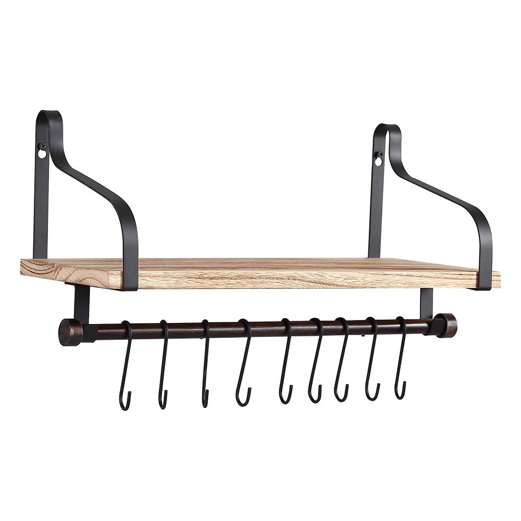 Levede Floating Shelf Brackets showcasing a natural wooden finish with hooks and towel bar, ideal for stylish wall storage.