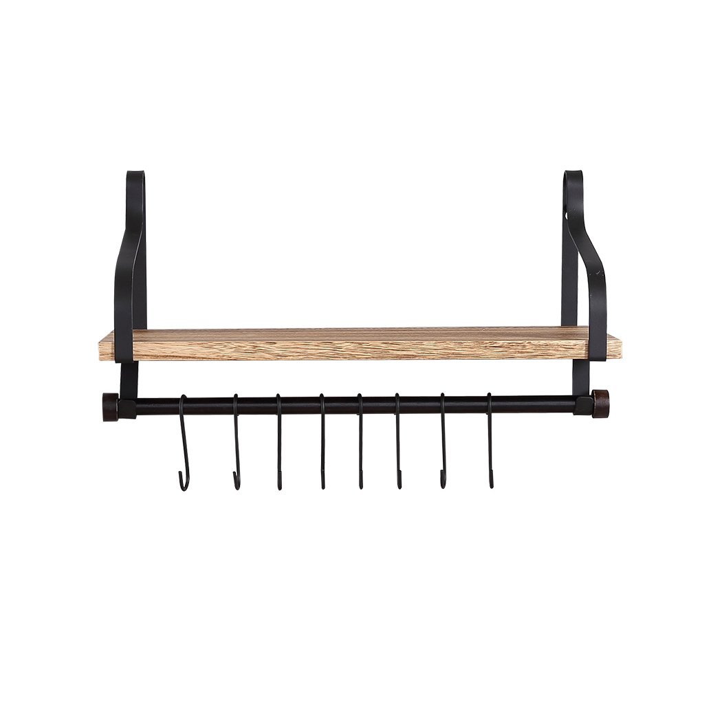 Levede Floating Shelf Brackets showcasing a natural wooden finish with hooks and towel bar, ideal for stylish wall storage.