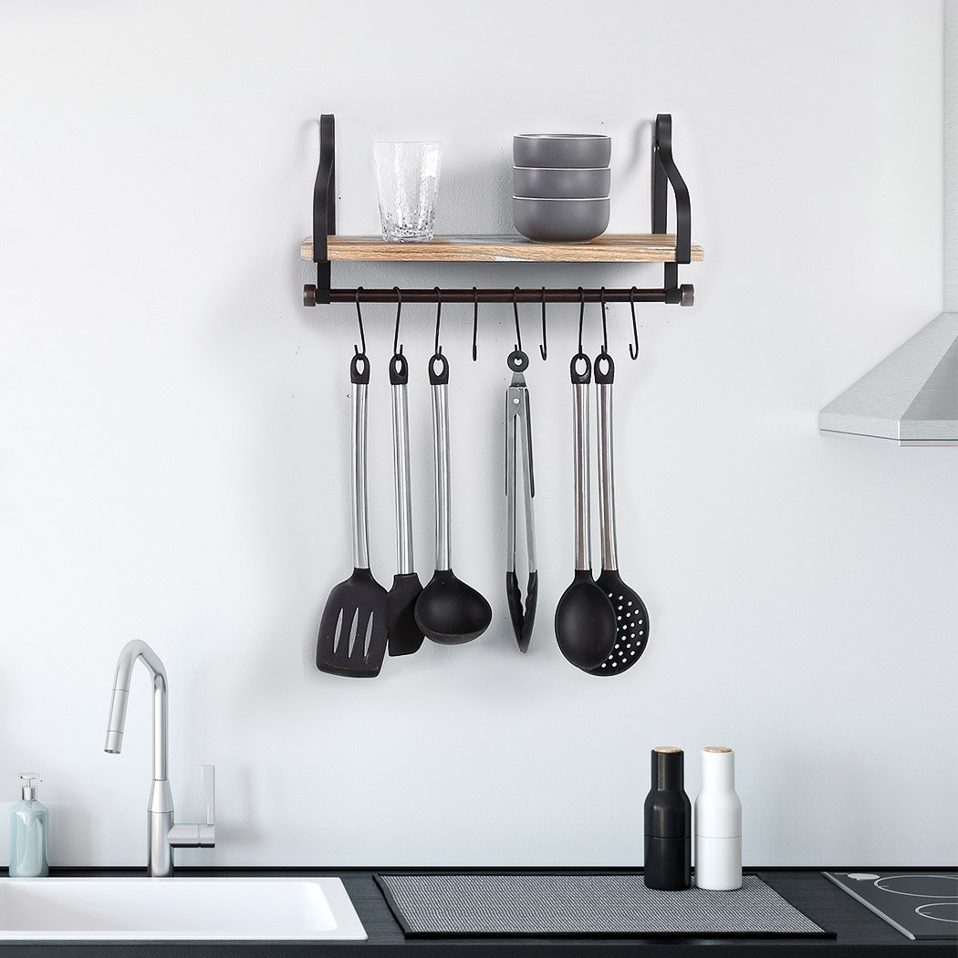 Levede Floating Shelf Brackets showcasing a natural wooden finish with hooks and towel bar, ideal for stylish wall storage.