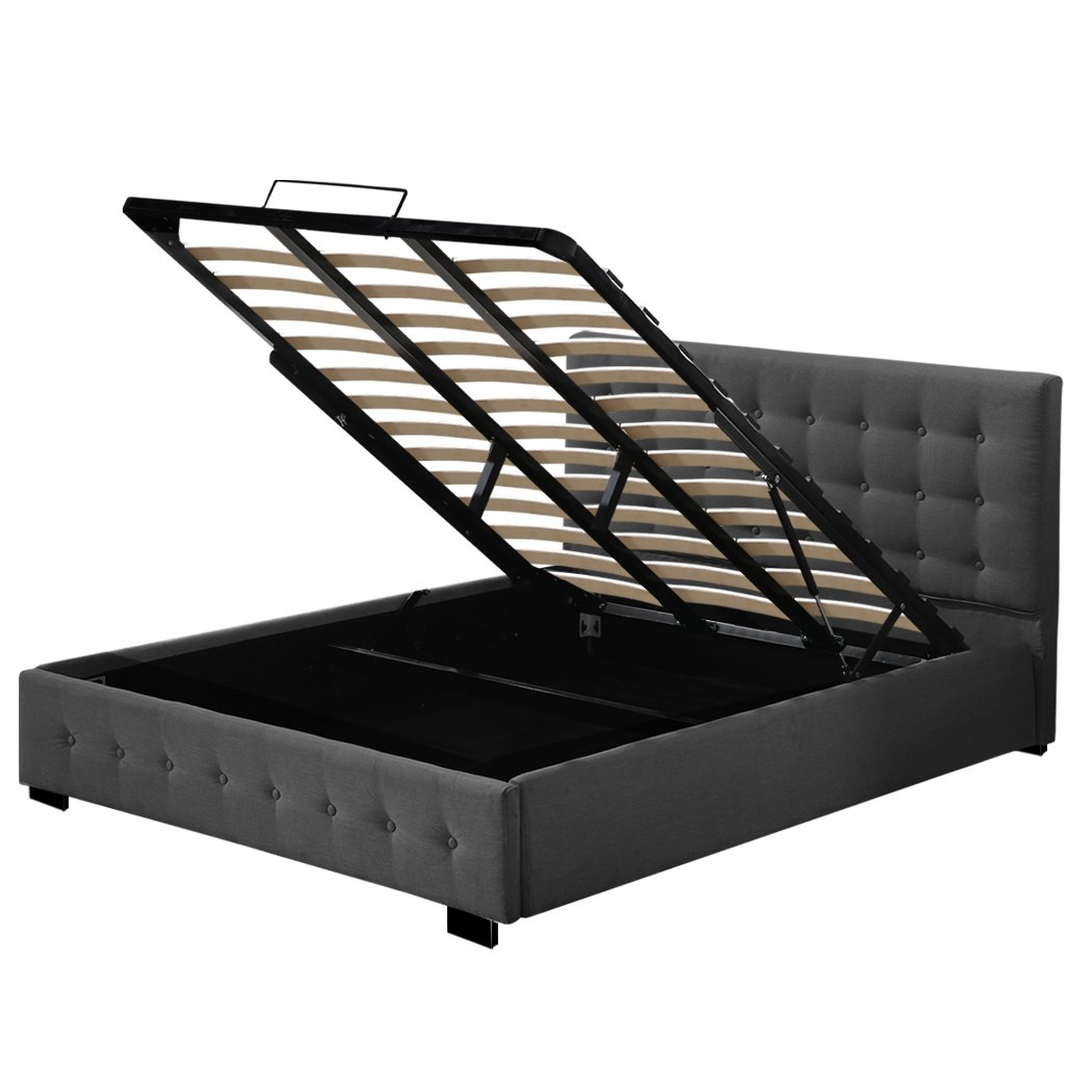 Levede Gas Lift Bed Frame in dark grey fabric with modern Scandinavian design, showcasing sturdy construction and gas lift storage functionality.