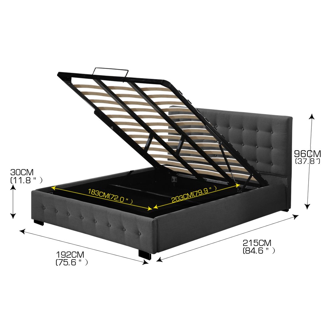 Levede Gas Lift Bed Frame in dark grey fabric with modern Scandinavian design, showcasing sturdy construction and gas lift storage functionality.