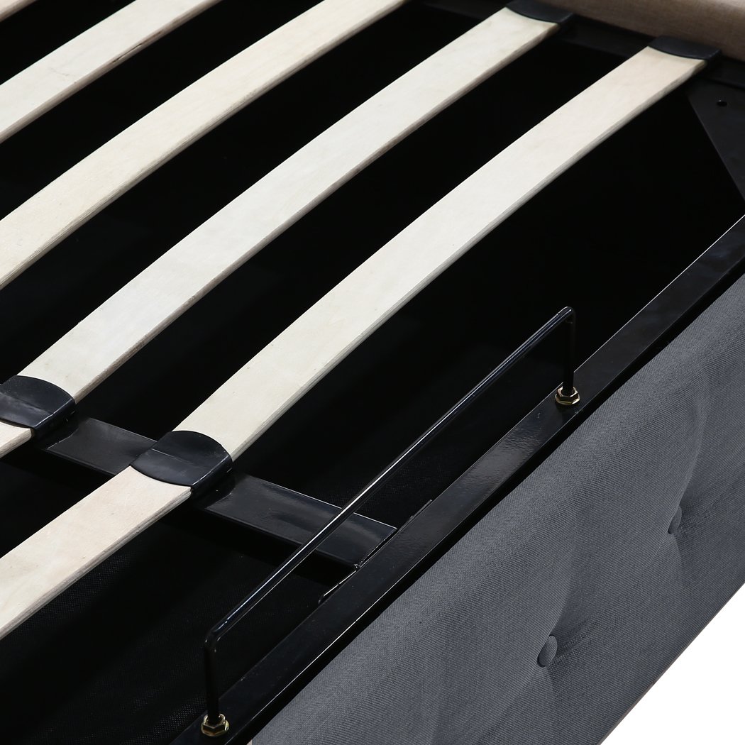 Levede Gas Lift Bed Frame in dark grey fabric with modern Scandinavian design, showcasing sturdy construction and gas lift storage functionality.