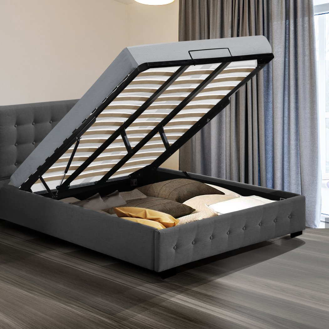 Levede Gas Lift Bed Frame in dark grey fabric with modern Scandinavian design, showcasing sturdy construction and gas lift storage functionality.