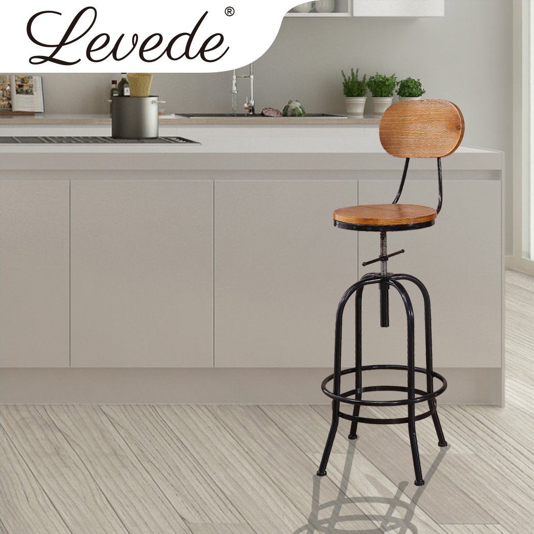 Levede Industrial Bar Stool featuring a rustic wooden top and sturdy metal frame, adjustable height, and footrest, perfect for kitchens and bars.