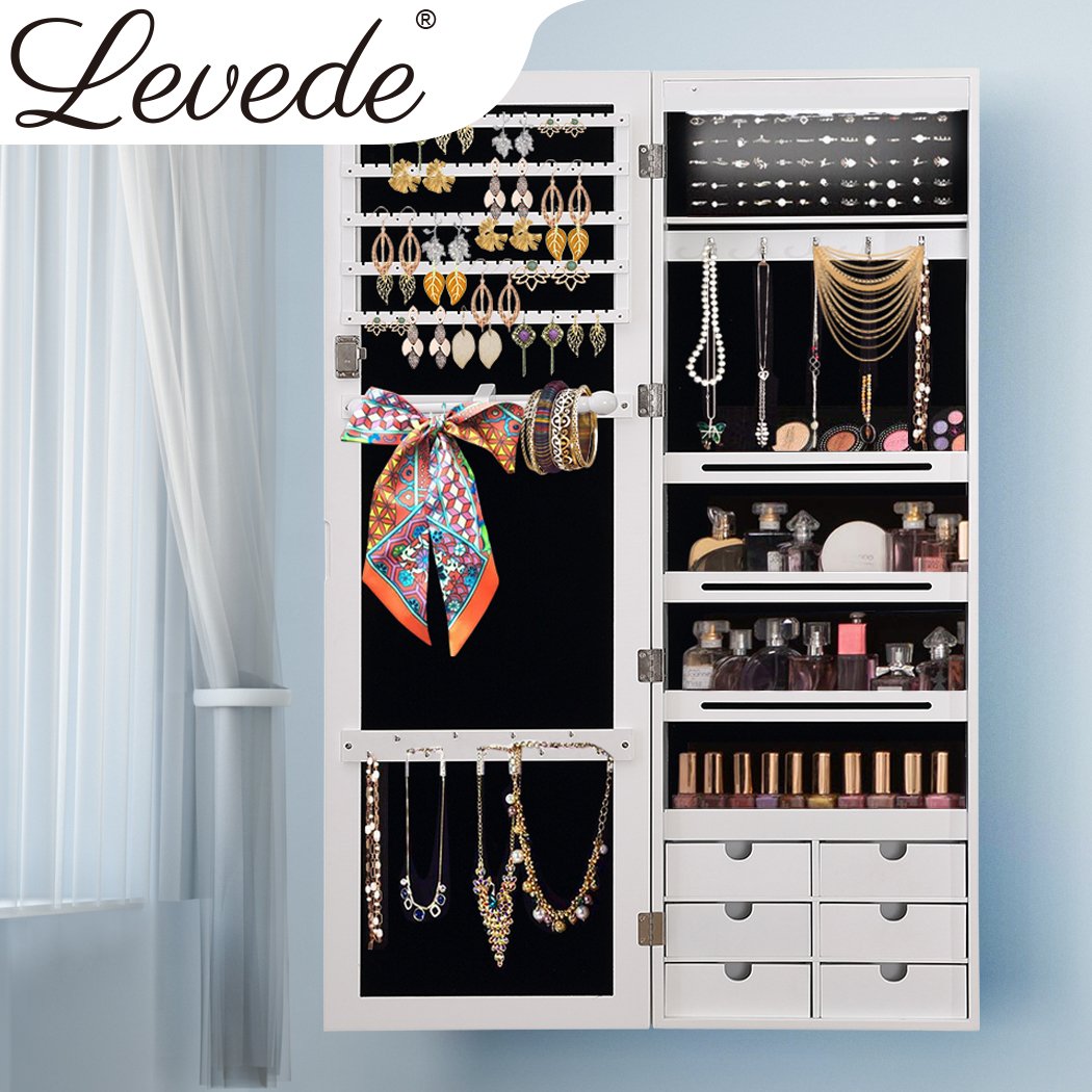 Levede Jewellery Cabinet Full Length Mirror with elegant design and ample storage for jewellery, featuring LED light and lockable door.