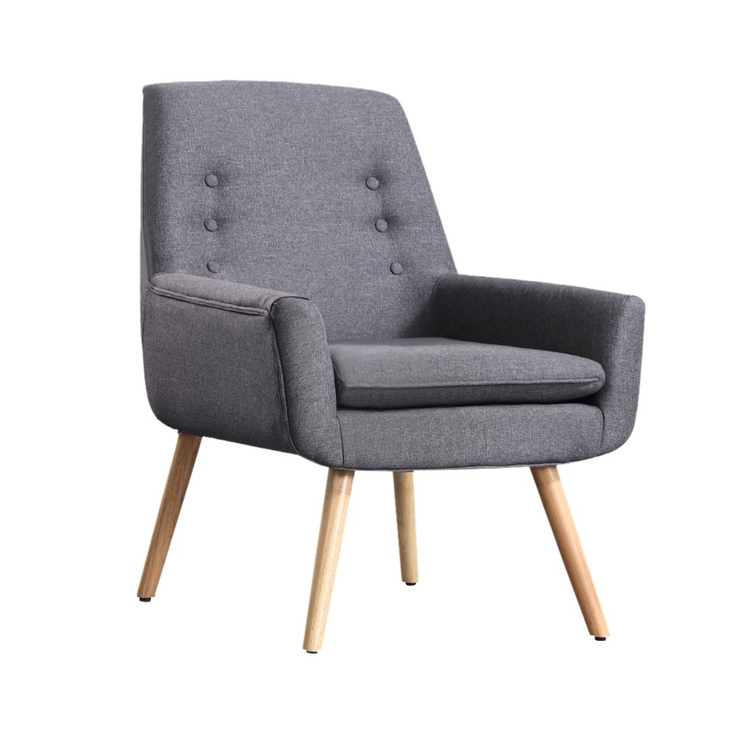 Levede Luxury Upholstered Armchair in grey linen fabric with tufted backrest and sturdy wooden legs, perfect for dining or accent seating.