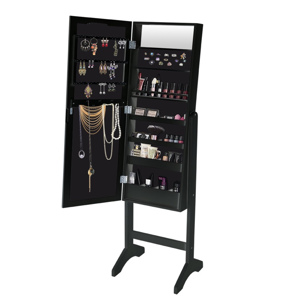 Levede Mirror Jewellery Cabinet with two doors, LED lights, and black velvet interior, showcasing organized jewelry and cosmetics.