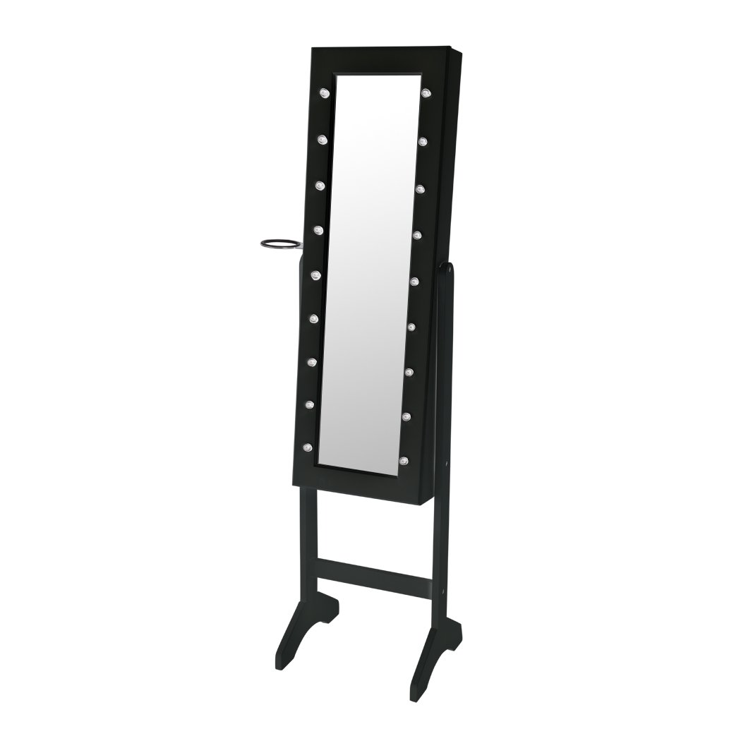 Levede Mirror Jewellery Cabinet with two doors, LED lights, and black velvet interior, showcasing organized jewelry and cosmetics.