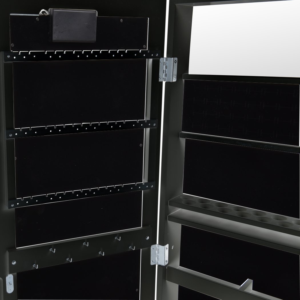 Levede Mirror Jewellery Cabinet with two doors, LED lights, and black velvet interior, showcasing organized jewelry and cosmetics.