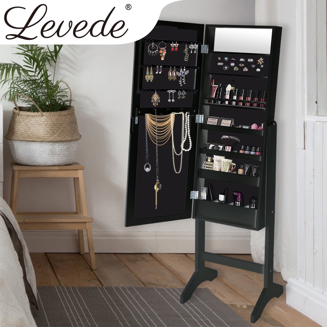 Levede Mirror Jewellery Cabinet with two doors, LED lights, and black velvet interior, showcasing organized jewelry and cosmetics.