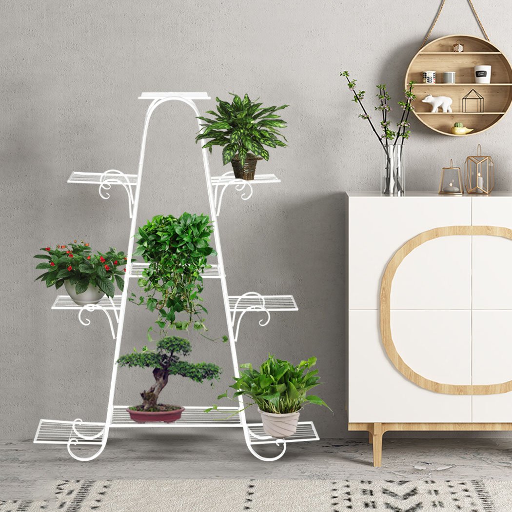 Levede Outdoor Indoor Metal Plant Stand showcasing multiple tiers with vibrant plants, designed for both indoor and outdoor use.