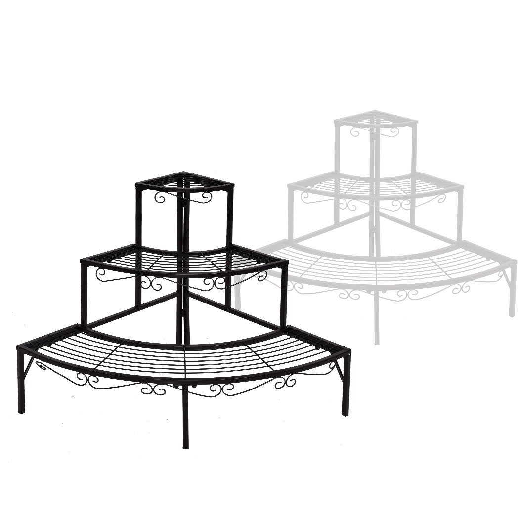Levede 3 Tier Planter Stand in black and white, showcasing plants elegantly arranged on a durable metal frame.