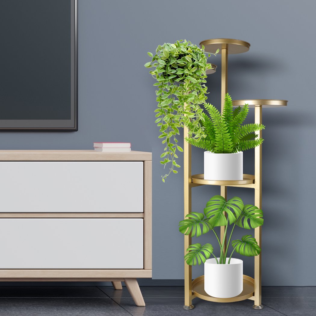 Levede Plant Stand featuring a gold finish, 5-tier design, and a triangular base, ideal for indoor and outdoor plant display.